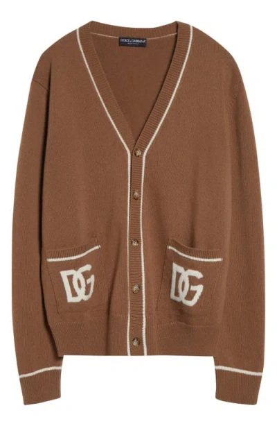 Dolce & Gabbana Crewneck Sweater With Ribbed Cuffs And Pockets In Brown