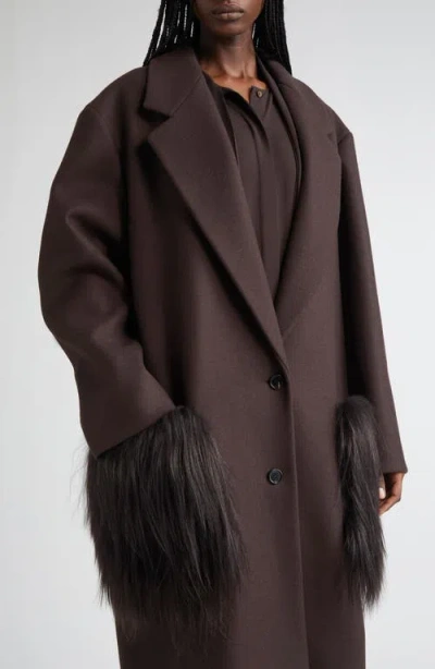Michael Kors Collection Two-button Slouch Coat With Long Haired Shearling Trim In Burgundy
