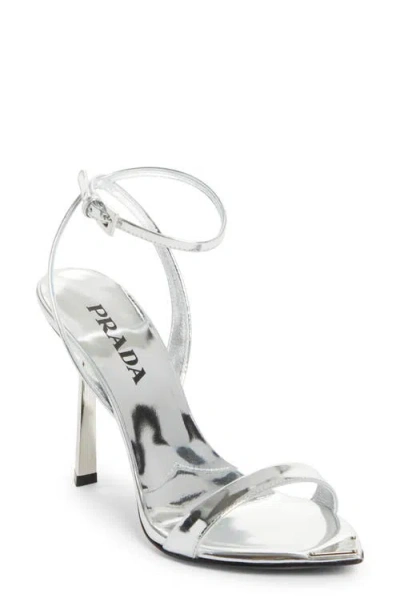Prada Silver Metallic Leather High Sandals In Silver