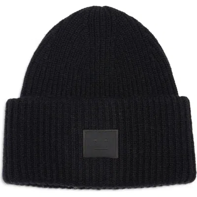 Acne Studios Casual Ribbed Knit Hat With Face Patch In Black