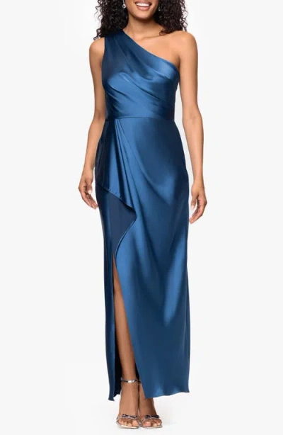 Xscape Evenings One Shoulder Satin Evening Gown In Blue