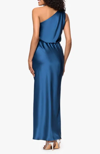 Xscape Evenings One Shoulder Satin Evening Gown In Blue