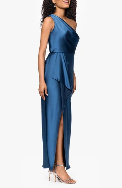 Xscape Evenings One Shoulder Satin Evening Gown In Blue