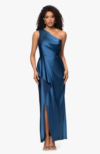 Xscape Evenings One Shoulder Satin Evening Gown In Blue