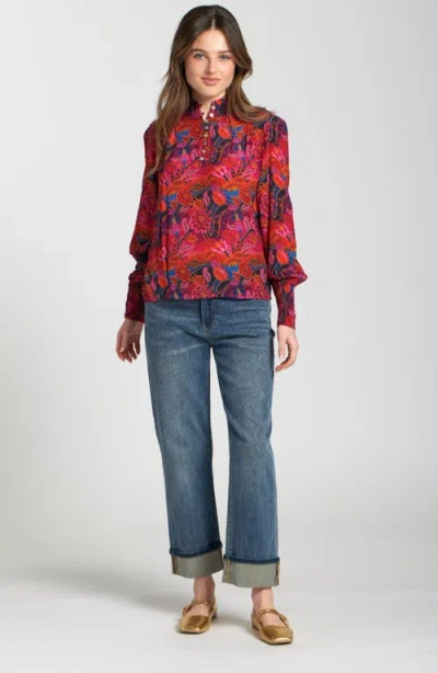 Apny Puff Shoulder Button Front Top In Multi