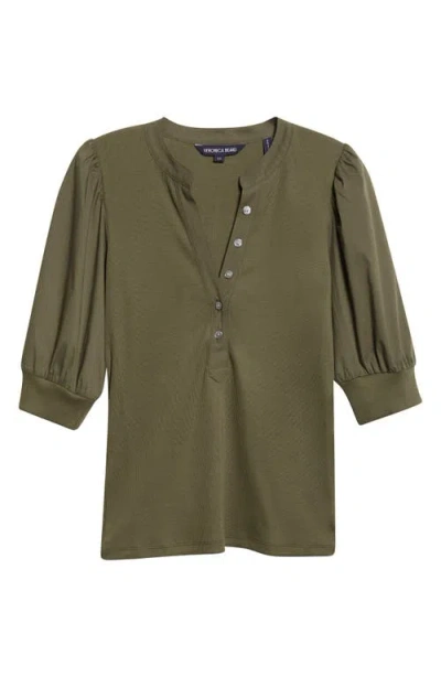 Veronica Beard Coralee Puff Sleeve Mixed Media Henley Top In Green