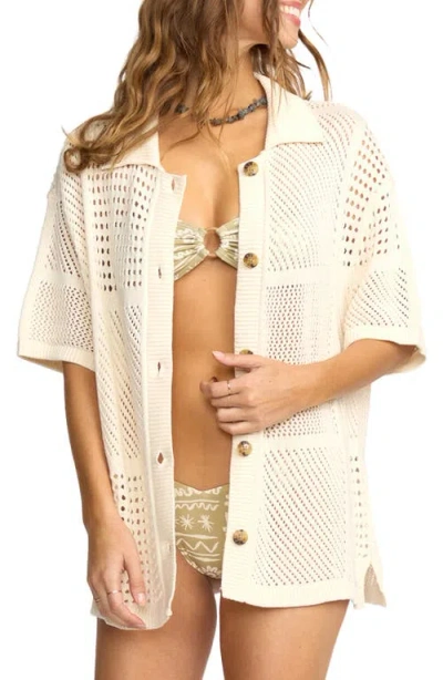 Billabong Cool Down Open Stitch Short Sleeve Cotton Cardigan In Neutral