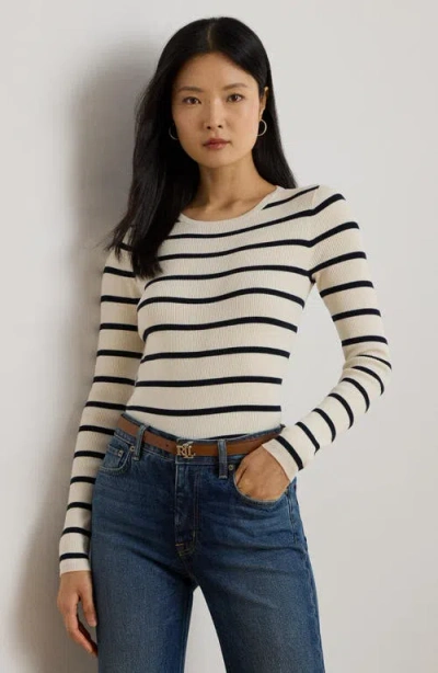 Ralph Lauren Women's Striped Rib-knit Crewneck Sweater In White