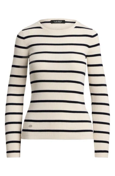 Ralph Lauren Women's Striped Rib-knit Crewneck Sweater In White