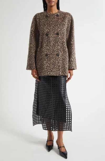 Emporio Armani Leopard Print Wool Blend Double Breasted Jacket In Brown