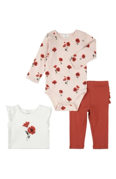 Firsts By Petit Lem Poppy Print 3-piece Cotton Bodysuits & Ruffle Leggings Set In Multi