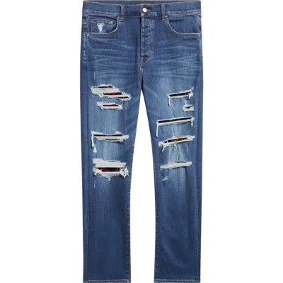 Amiri Thrasher Slim Fit Distressed Floral Velvet Patch Jeans In Blue