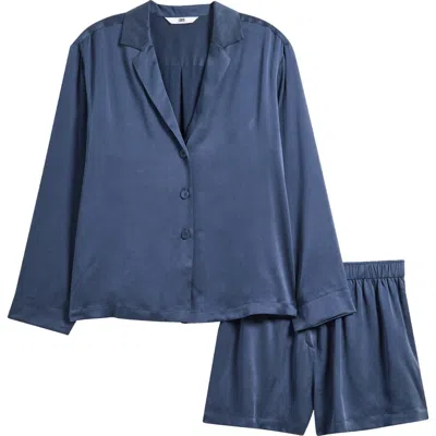 Lunya Long Sleeve Silk Button Up Shorts Set Deep Blue In Blue