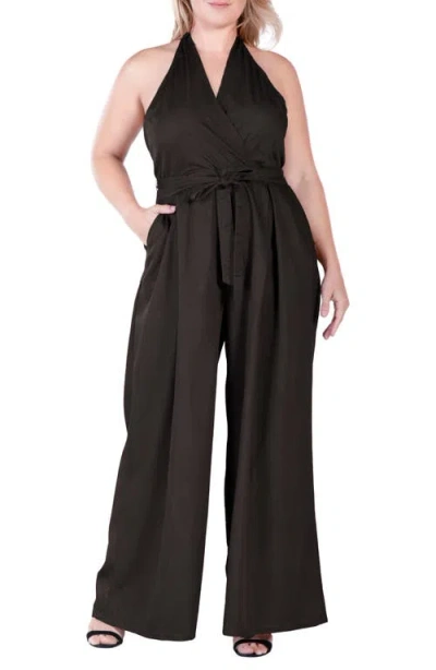 Standards & Practices Wide Leg Poplin Halter Jumpsuit In Black