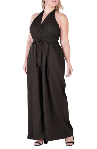 Standards & Practices Wide Leg Poplin Halter Jumpsuit In Black