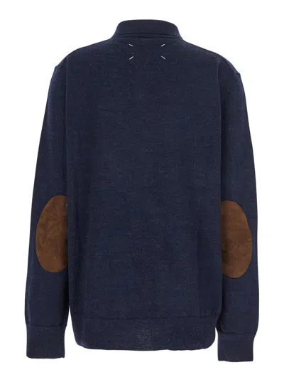 Maison Margiela Blue Polo Shirt With Classic Collar And Suede Patch On The Back In Wool Woman In Blue