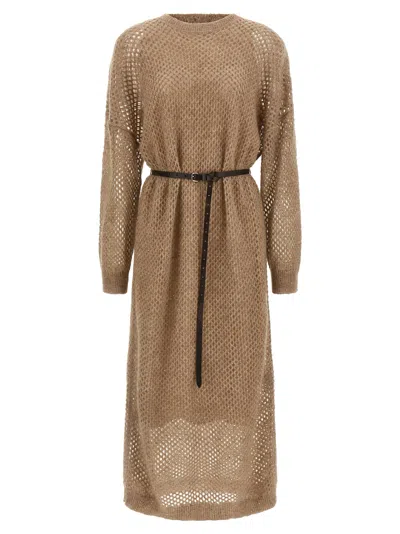 Brunello Cucinelli Hazelnut Color Midi Dress With Waist Belt In Brown