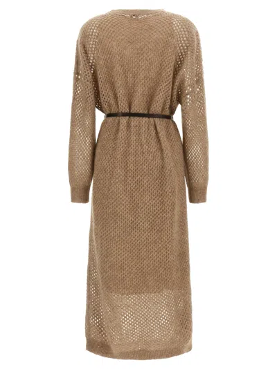 Brunello Cucinelli Hazelnut Color Midi Dress With Waist Belt In Brown