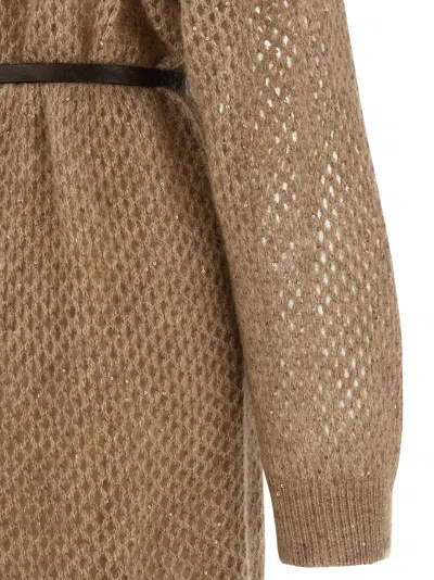 Brunello Cucinelli Hazelnut Color Midi Dress With Waist Belt In Brown