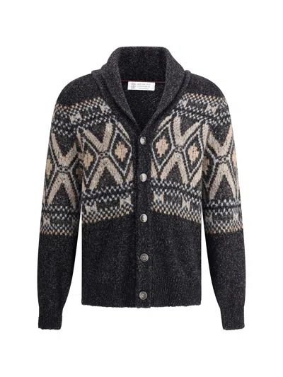 Brunello Cucinelli Wool Shawl Collar Cardigan In Black