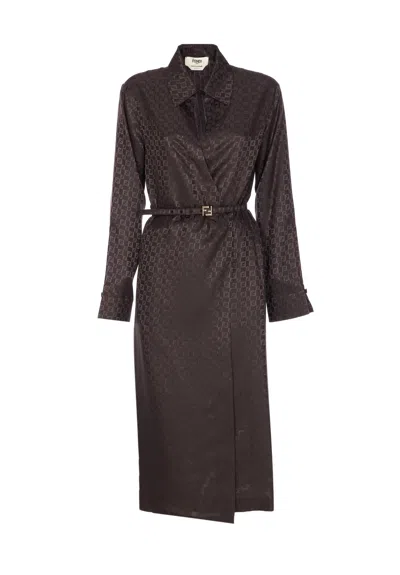 Fendi Ff Jacquard Silk Midi Shirt Dress In Brown