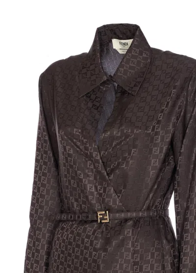 Fendi Ff Jacquard Silk Midi Shirt Dress In Brown