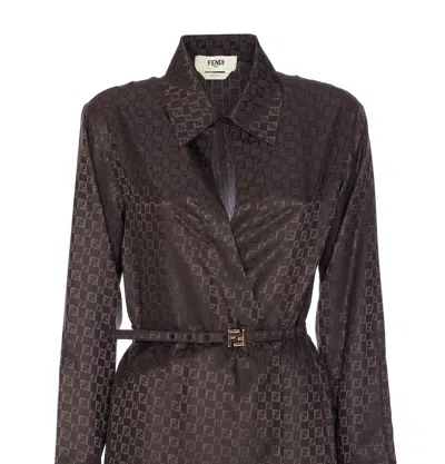 Fendi Ff Jacquard Silk Midi Shirt Dress In Brown