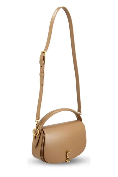 Saint Laurent Voltaire Logo Plaque Shoulder Bag In Neutral