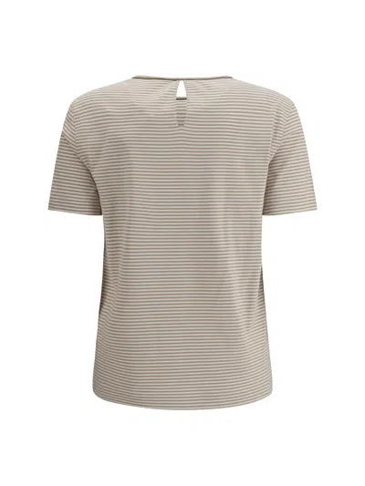 Brunello Cucinelli Striped Crew Neck T-shirt With Keyhole Detail In Gray