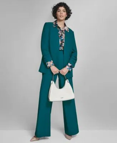 Calvin Klein Womens High Rise Wide Leg Pants Printed Charmeuse Button Front Blouse Heavy Open Front Ruched Sleeve In Green