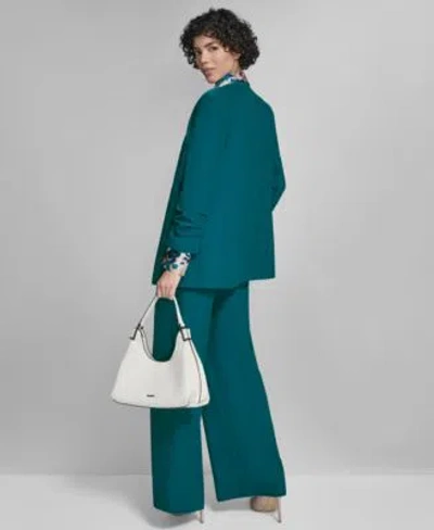 Calvin Klein Womens High Rise Wide Leg Pants Printed Charmeuse Button Front Blouse Heavy Open Front Ruched Sleeve In Green