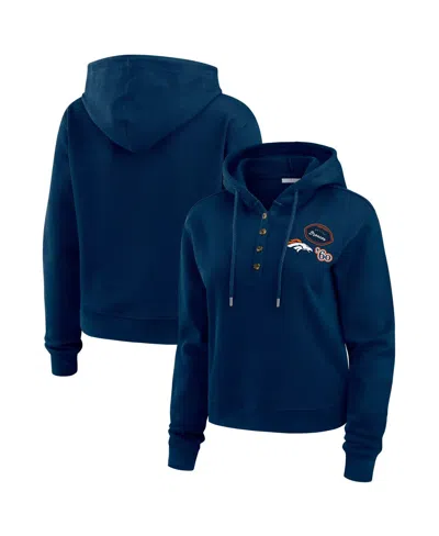 Wear By Erin Andrews Women's Navy Denver Broncos Waffle Hoodie Pullover Top In Blue