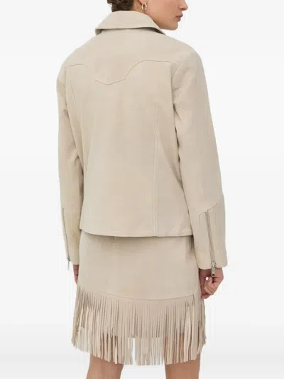 Bruuns Bazaar Asymmetrical-zip Suede-leather Jacket In Neutral