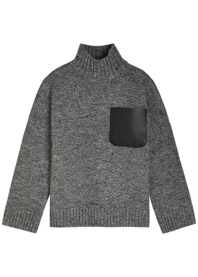 Jw Anderson Grey Sweater With High Neck And One Front Patch Leather Pocket In Wool Blend Man In Gray