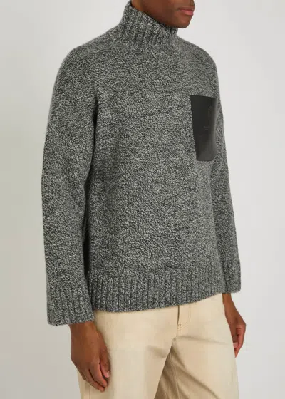 Jw Anderson Grey Sweater With High Neck And One Front Patch Leather Pocket In Wool Blend Man In Gray