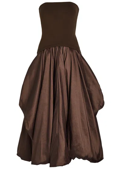Simkhai Izzy Strapless Taffeta Midi Dress In Brown