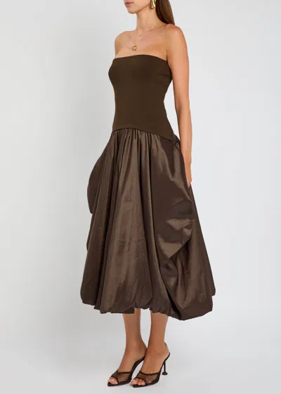 Simkhai Izzy Strapless Taffeta Midi Dress In Brown