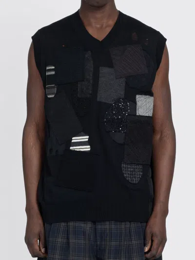 Junya Watanabe Mended Patchwork Wool Vest In Black