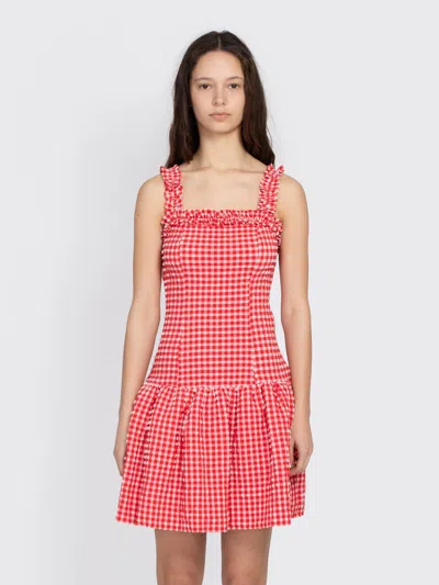 Ganni Stretch Seersucker Strap Ruffle Mini Dress In Pink