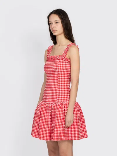 Ganni Stretch Seersucker Strap Ruffle Mini Dress In Pink