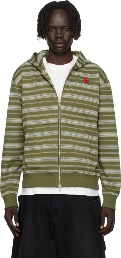 Kenzo Khaki  Paris 'boke Flower' Striped Embroidered Hoodie In Green