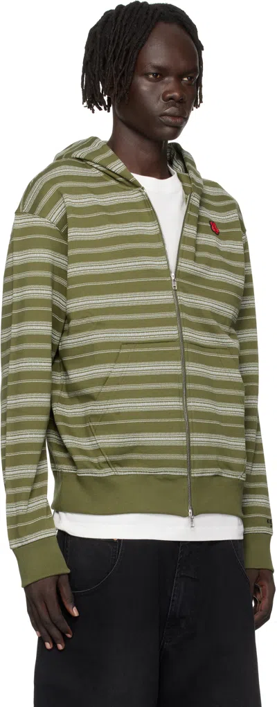 Kenzo Khaki  Paris 'boke Flower' Striped Embroidered Hoodie In Green
