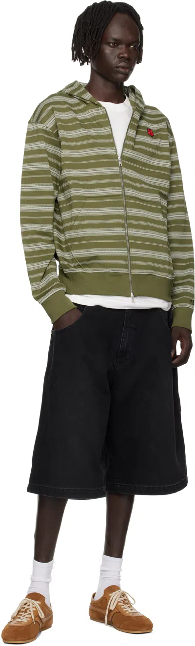 Kenzo Khaki  Paris 'boke Flower' Striped Embroidered Hoodie In Green