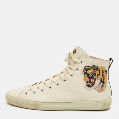 Pre-owned Gucci Cream Leather Tiger Embroidered High Top Sneakers Size 43.5 In White
