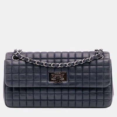 Pre-owned Chanel Blue Chocolate Bar Iridescent Calfskin Bubble Flap