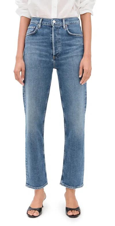 Agolde 90's Pinch Waist Long Frayed High-rise Straight-leg Jeans In Blue