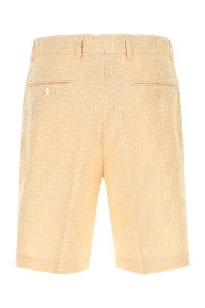 Fendi Jacquard Linen And Cotton Bermuda Shorts With All-over Ff Motif In Yellow