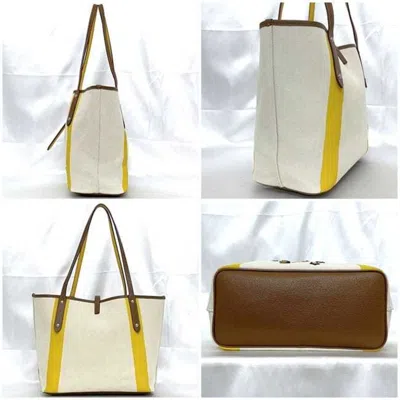 Pre-owned Coach Brown White Yellow Canvas Leather Tote Bag ()