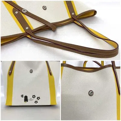 Pre-owned Coach Brown White Yellow Canvas Leather Tote Bag ()
