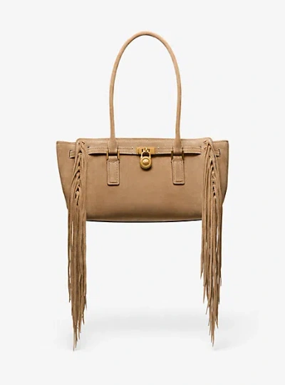 Michael Kors Hamilton Moderne Small Fringed Suede Satchel In Brown